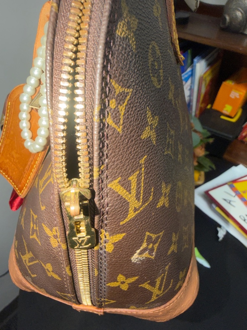Louis Vuitton Alma Brown Monogram Satchel with Tan Trim and Red Accent Scarves - Picture 14 of 14